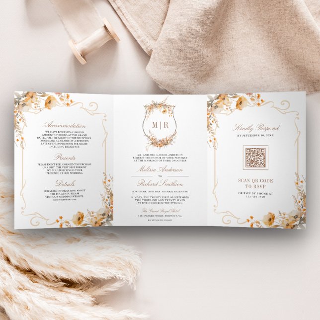 Invitación Tríptica Crest Flor Silvestre de Otoño Código QR Boda (Subido por el creador)