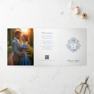 Invitación Tríptica Crest Monograma Vintage Regencia Foto Boda