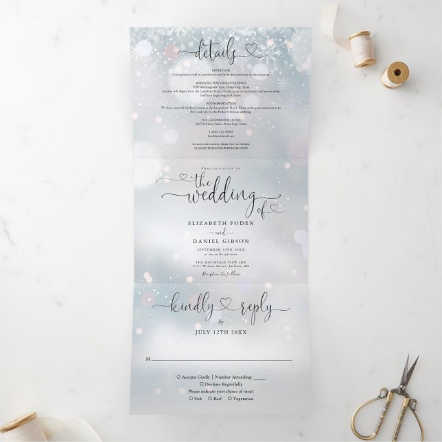 Invitación Tríptica Crítico Corazón de Nieve Flakes Boda de Invierno (Interior)
