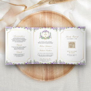 Invitación Tríptica Cruz Católica de Boda con Código QR Floral Dorado 