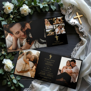 Invitación Tríptica Cruz de Fe Floral Negra Collage Elegante y Moderno