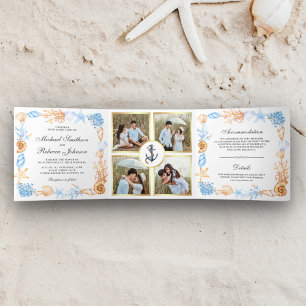 Invitación Tríptica Cuadro de Colaje de Fotos de Boda con Conchas Náut
