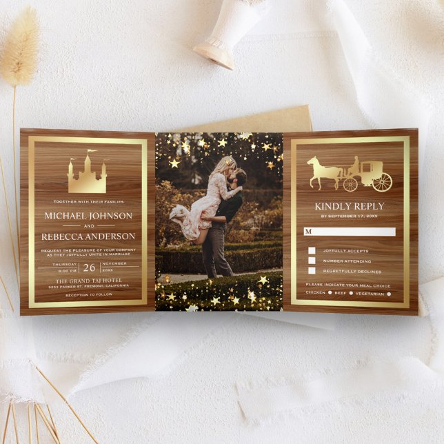 Invitación Tríptica Cuento de Hadas Castillo Dorado Carruaje de Prince (Subido por el creador)
