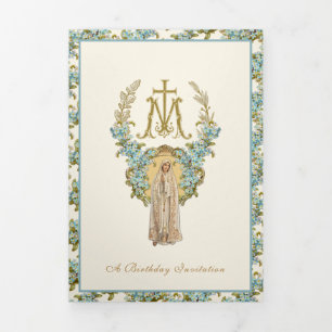 Invitación Tríptica Cumpleaños Religioso Virgen María Floral Azul