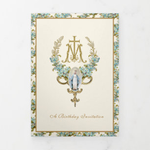Invitación Tríptica Cumpleaños religioso Virgen María Floral Azul