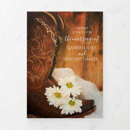 Invitación Tríptica Daisies blancos y vaquero bota a Boda occidental
