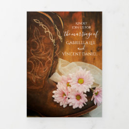 Invitación Tríptica Daisies rosados y vaquero bota a Boda occidental
