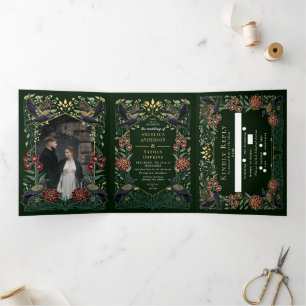 Invitación Tríptica Dalia de bodas encantada gótica de cuervo y boca d