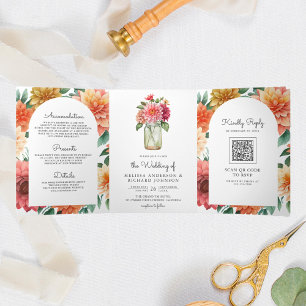 Invitación Tríptica Dalia Floral Colorida en Tarro de Mason Código QR