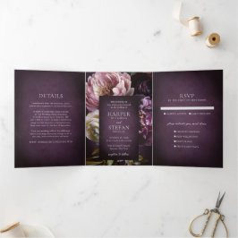 Invitación Tríptica Dark Purple Fine Art Floral Elegant Wedding