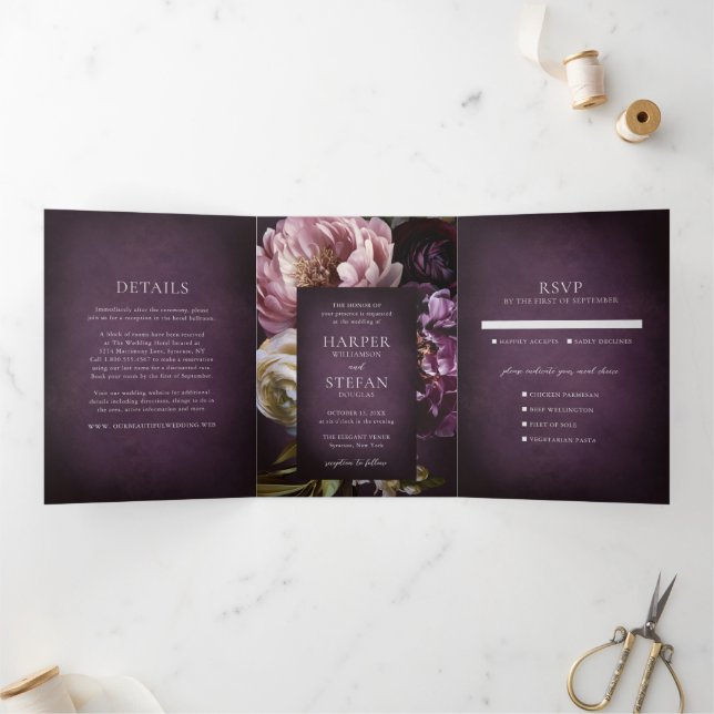 Invitación Tríptica Dark Purple Fine Art Floral Elegant Wedding (Interior)