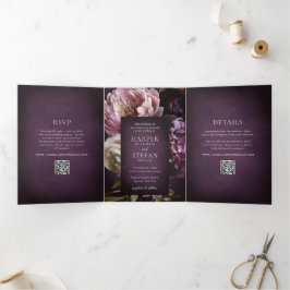 Invitación Tríptica Dark Purple Fine Art Floral Elegant Wedding