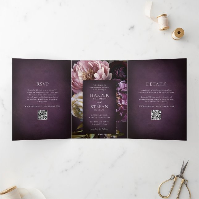 Invitación Tríptica Dark Purple Fine Art Floral Elegant Wedding (Interior)