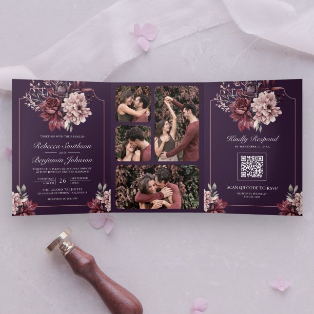 Invitación Tríptica Dark Purple Moody Floral Frame QR Code Wedding (Subido por el creador)