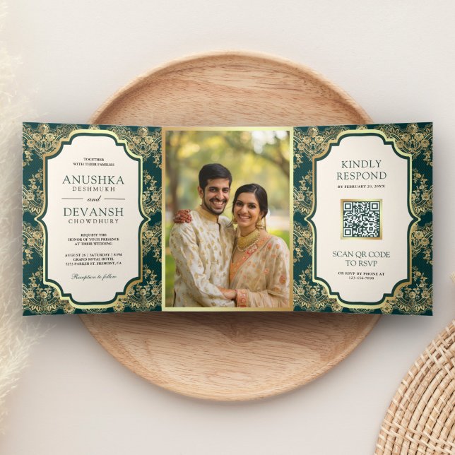 Invitación Tríptica Dark Verde azulada Gold Lace QR Código foto Boda i (Subido por el creador)