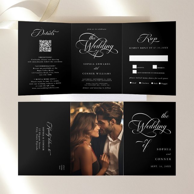 Invitación Tríptica Delicada elegancia Boda de guión negro (Inside & Outside)