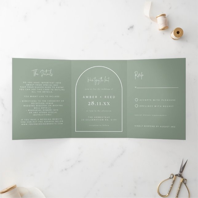 Invitación Tríptica Detalles del Arco Moderno Amarrando El Boda Sage G (Interior)