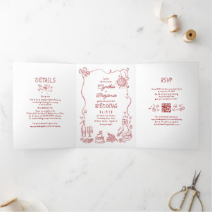 Invitación Tríptica Dibujos Modernos Caprichosos Bodas Foto Rojo