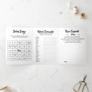 Invitación Tríptica DIY baby Games bingo, scramble, cápsula de tiempo