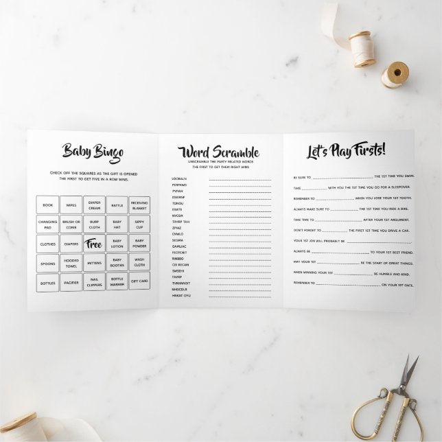 Invitación Tríptica DIY primer cumpleaños bebé juegos DIY fotografía a (Interior)