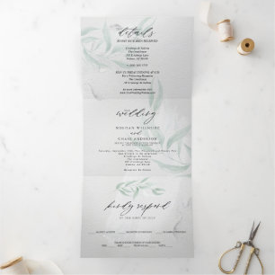 Invitación Tríptica Doble triple de color gris de eucalipto mínimo de