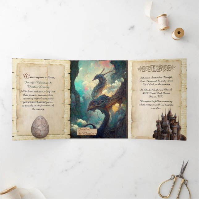 Invitación Tríptica Dragones de fantasía y Boda de cuento de hadas (Interior)