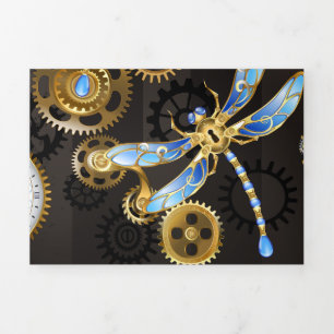 Invitación Tríptica Dragoniscos de Steampunk sobre fondo rayado marrón