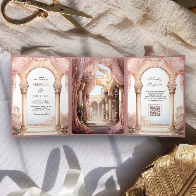 Invitación Tríptica Dreamy Fairytale Palace Dusty Rosa QR Code Boda (Subido por el creador)