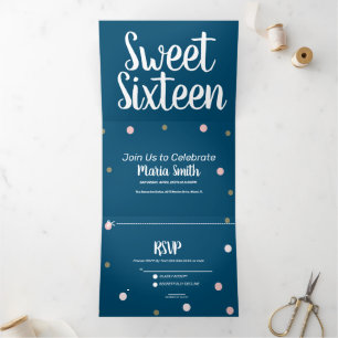 Invitación Tríptica Dulce moderno 16 puntos rosados dorados