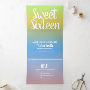 Invitación Tríptica Dulces 16 Amarillo Moderno Arcoíris Ombre Dos Tono