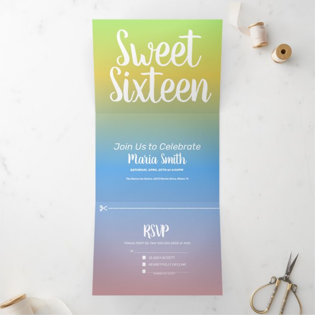 Invitación Tríptica Dulces 16 Amarillo Moderno Arcoíris Ombre Dos Tono (Interior)