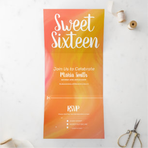 Invitación Tríptica Dulces 16 Canicas Naranja Rosado Remolinos