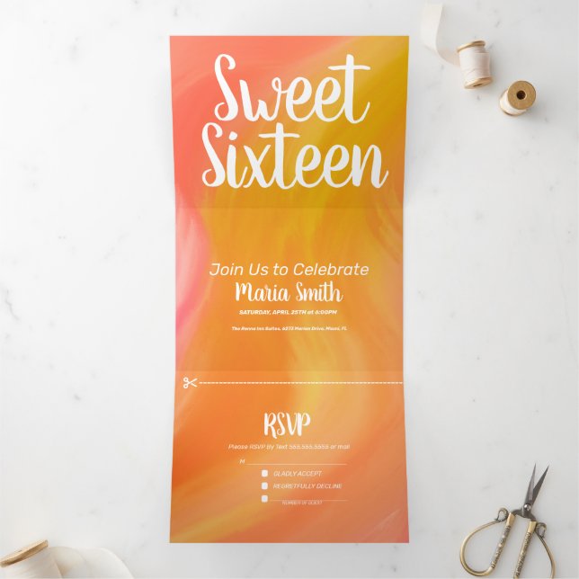 Invitación Tríptica Dulces 16 Canicas Naranja Rosado Remolinos (Interior)