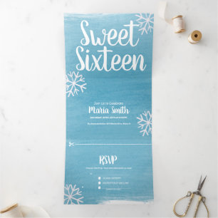 Invitación Tríptica Dulces 16 copos de nieve dispersos acuarela modern