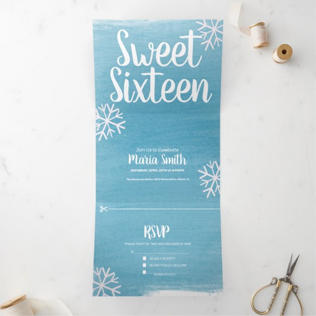 Invitación Tríptica Dulces 16 copos de nieve dispersos acuarela modern (Interior)