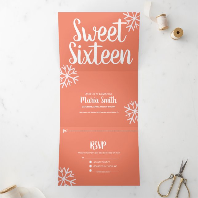 Invitación Tríptica Dulces 16 Copos de Nieve Dispersos Modernos (Interior)