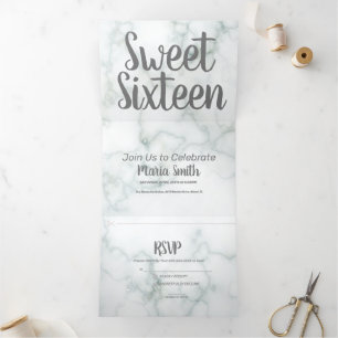 Invitación Tríptica Dulces 16 Mármol y Gris Modernos