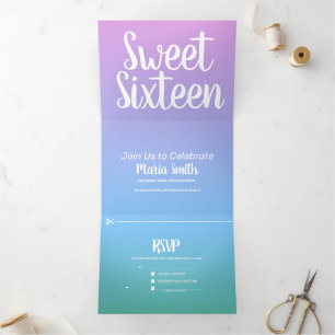 Invitación Tríptica Dulces 16 Modernas Fotografías de Azul Púrpura Omb