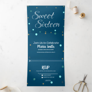 Invitación Tríptica Dulces 16 Modernos Puntos Azules Dorados