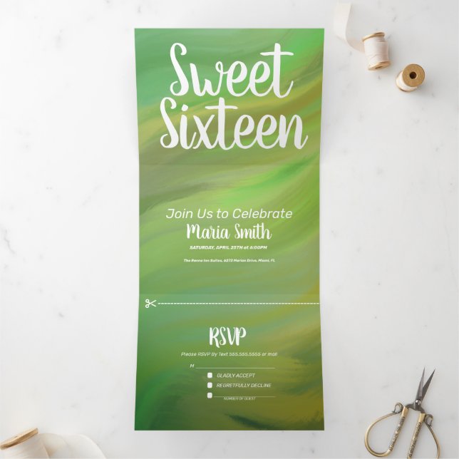 Invitación Tríptica Dulces 16 remolinos de mármol verde bosque moderno (Interior)