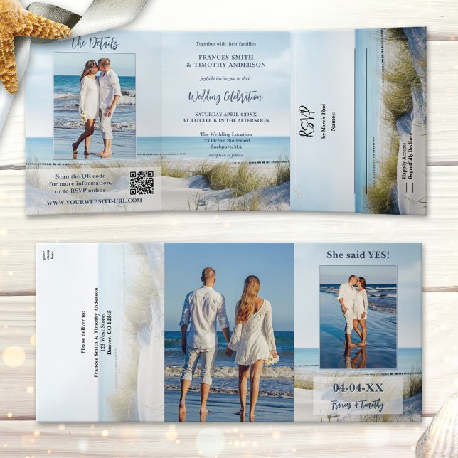 Invitación Tríptica Dunes and Beach Photos All-in-one Wedding (All in one wedding photo invitation featuring an image of dunes overlooking a beach and ocean)