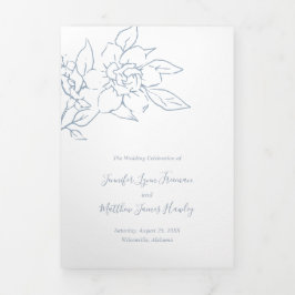 Invitación Tríptica Duste Blue Line Arte Floral Elegante Boda