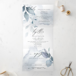 Invitación Tríptica Duste color azul de agua TODO EN UN BODA Tri-Fol