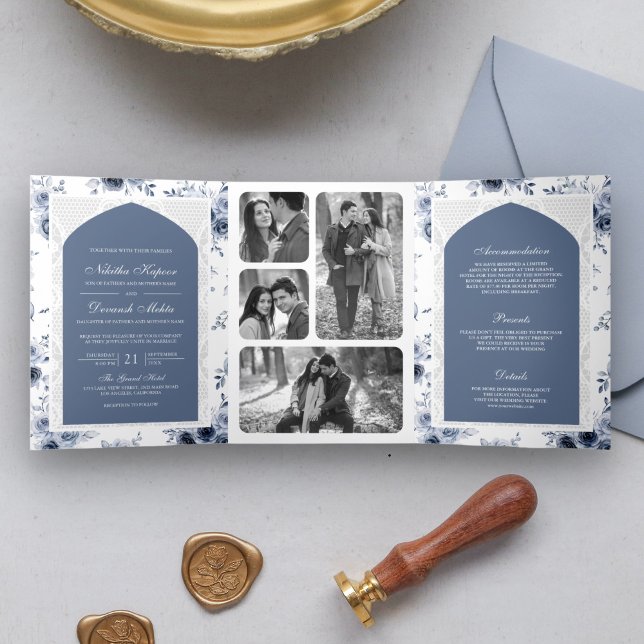 Invitación Tríptica Duste floral azul en un solo Boda indio (Subido por el creador)
