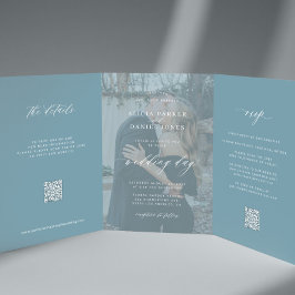 Invitación Tríptica Duste foto azul boda RSVP detalles del código QR
