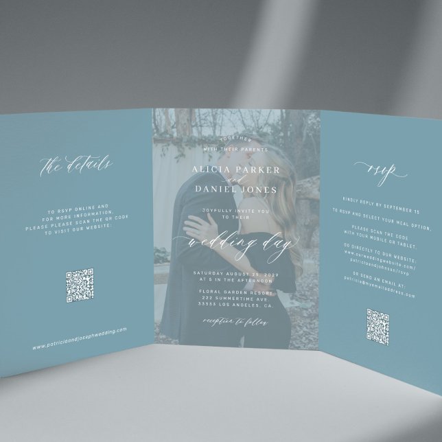 Invitación Tríptica Duste foto azul boda RSVP detalles del código QR (Subido por el creador)