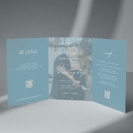 Invitación Tríptica Duste foto azul boda RSVP detalles del código QR