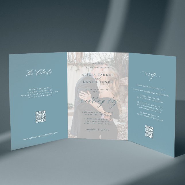 Invitación Tríptica Duste foto azul boda RSVP detalles del código QR (Subido por el creador)