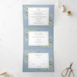 Invitación Tríptica Dusty Blue Botanical Greeneration Photo Boda