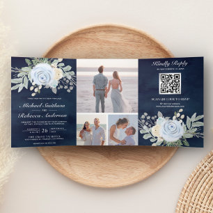 Invitación Tríptica Dusty Blue Floral Código QR Boda de la Marina